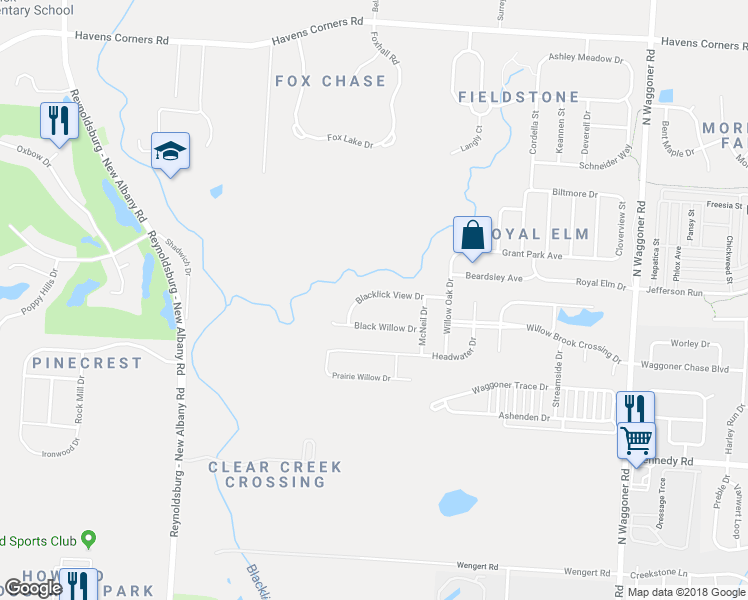 map of restaurants, bars, coffee shops, grocery stores, and more near 7877 Blacklick View Drive in Blacklick