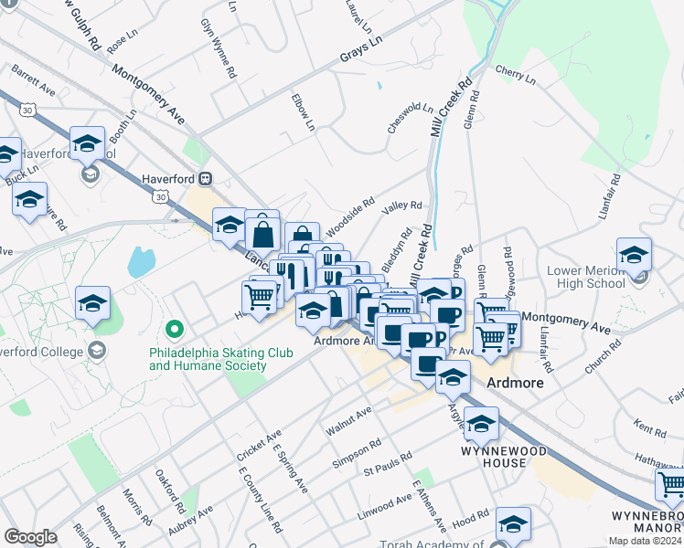 map of restaurants, bars, coffee shops, grocery stores, and more near 100 West Montgomery Avenue in Ardmore