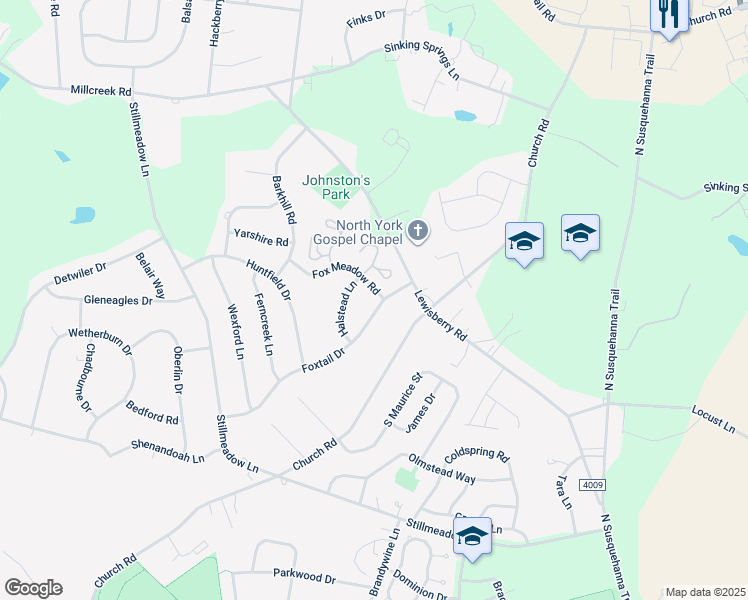 map of restaurants, bars, coffee shops, grocery stores, and more near 621 Foxtail Drive in York