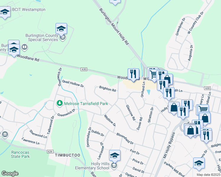 map of restaurants, bars, coffee shops, grocery stores, and more near 1 Brighton Court in Westampton Township