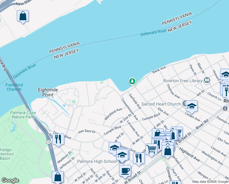 map of restaurants, bars, coffee shops, grocery stores, and more near 1097 Harbour Drive in Palmyra