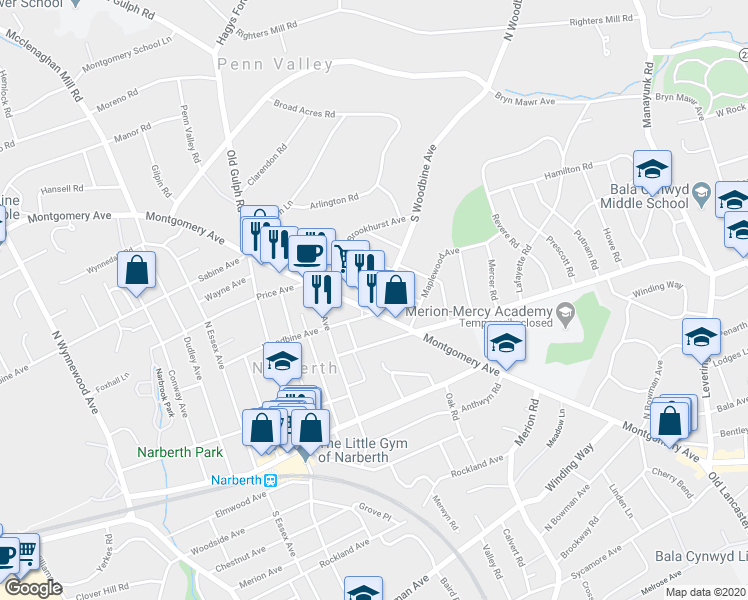 map of restaurants, bars, coffee shops, grocery stores, and more near 522 South Woodbine Avenue in Penn Valley
