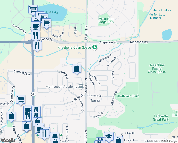 map of restaurants, bars, coffee shops, grocery stores, and more near 1011 Acadia Avenue in Lafayette