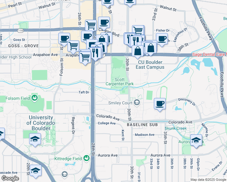 map of restaurants, bars, coffee shops, grocery stores, and more near 2959 Shadow Creek Drive in Boulder
