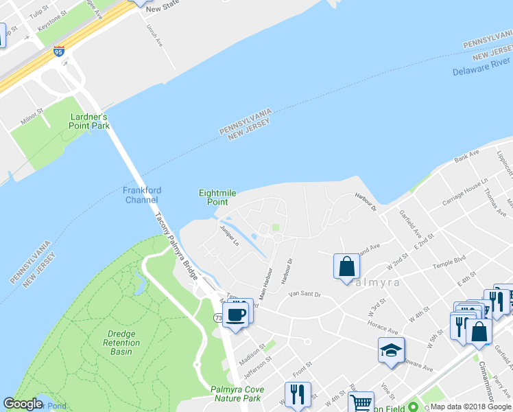 map of restaurants, bars, coffee shops, grocery stores, and more near 3306 Ebbtide Lane in Palmyra