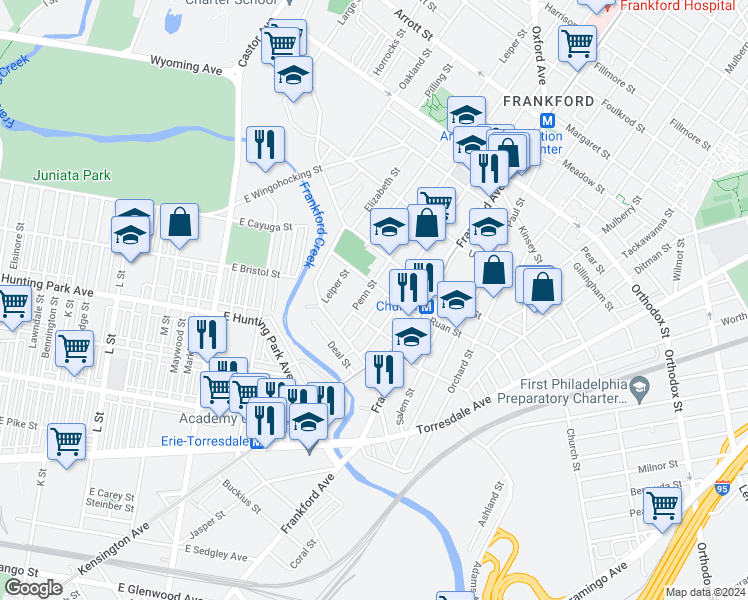 map of restaurants, bars, coffee shops, grocery stores, and more near 4267 Penn Street in Philadelphia