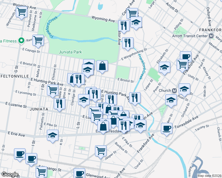 map of restaurants, bars, coffee shops, grocery stores, and more near 4223 Maywood Street in Philadelphia
