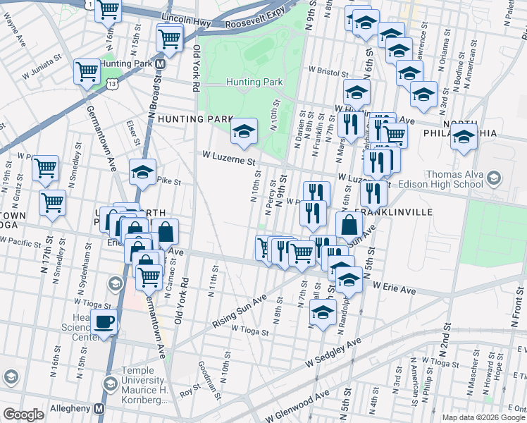 map of restaurants, bars, coffee shops, grocery stores, and more near 3851 North Percy Street in Philadelphia