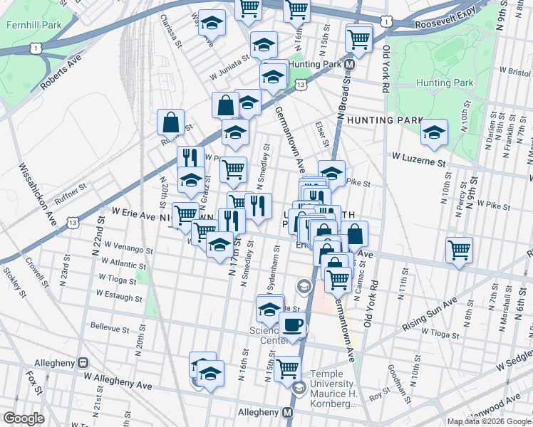 map of restaurants, bars, coffee shops, grocery stores, and more near 3742 North 16th Street in Philadelphia