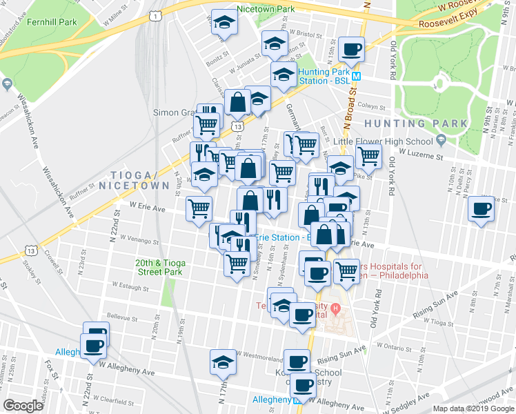 map of restaurants, bars, coffee shops, grocery stores, and more near 3744 North 17th Street in Philadelphia