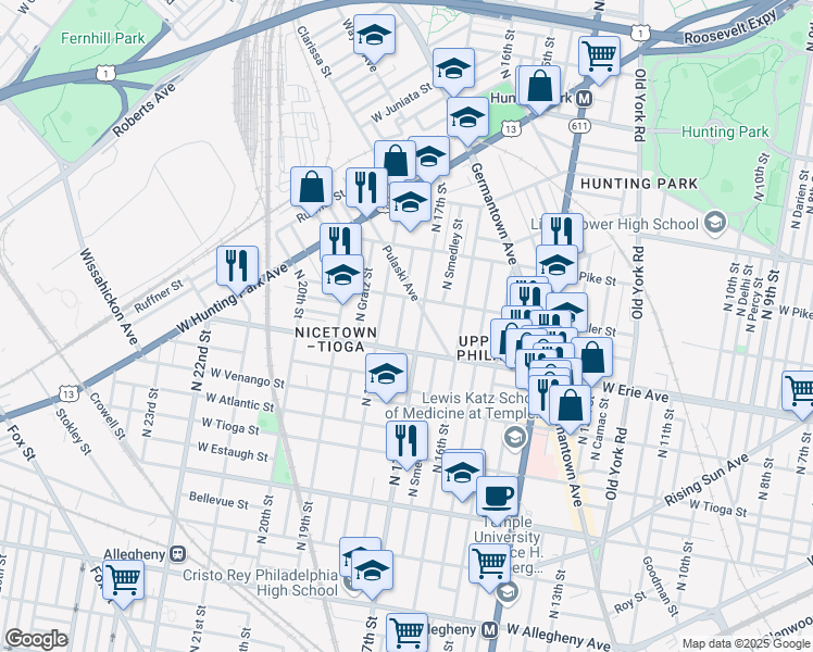 map of restaurants, bars, coffee shops, grocery stores, and more near 3744 North 17th Street in Philadelphia
