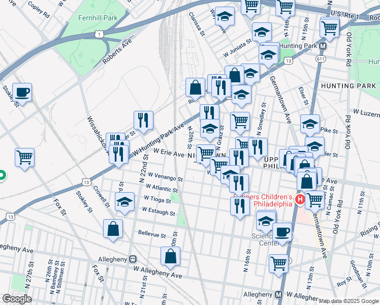 map of restaurants, bars, coffee shops, grocery stores, and more near 1944 West Airdrie Street in Philadelphia