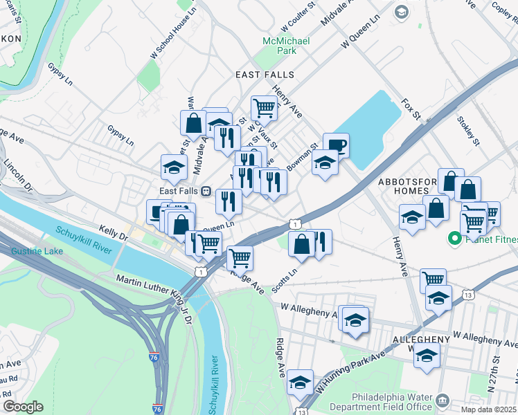 map of restaurants, bars, coffee shops, grocery stores, and more near 3512 Bowman Street in Philadelphia