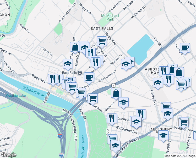 map of restaurants, bars, coffee shops, grocery stores, and more near 3512 Bowman Street in Philadelphia
