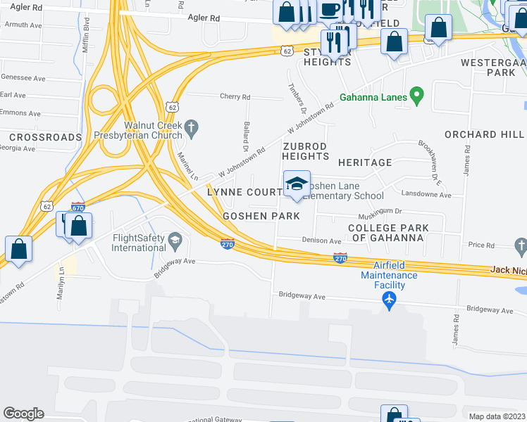 map of restaurants, bars, coffee shops, grocery stores, and more near 367 Goshen Lane in Columbus