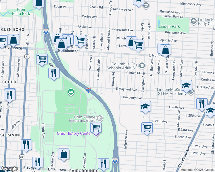 map of restaurants, bars, coffee shops, grocery stores, and more near 2253 Atwood Terrace in Columbus