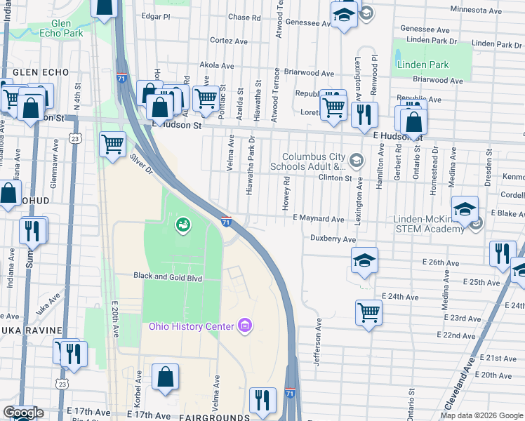 map of restaurants, bars, coffee shops, grocery stores, and more near 2253 Atwood Terrace in Columbus