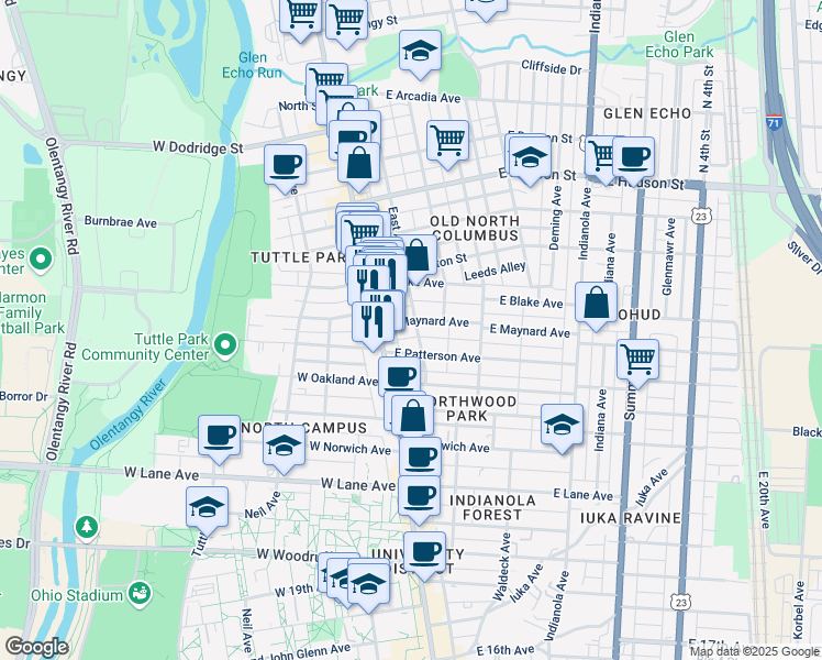 map of restaurants, bars, coffee shops, grocery stores, and more near 63 East Maynard Avenue in Columbus