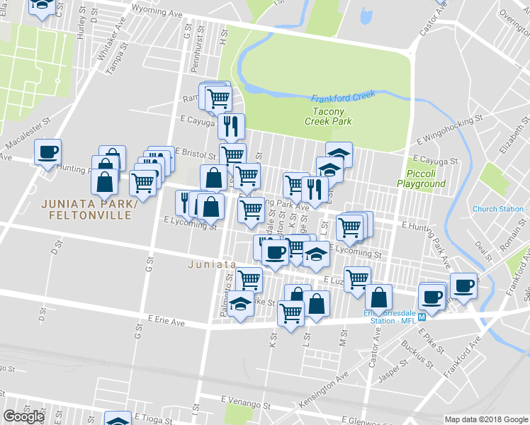 map of restaurants, bars, coffee shops, grocery stores, and more near 4137 J Street in Philadelphia