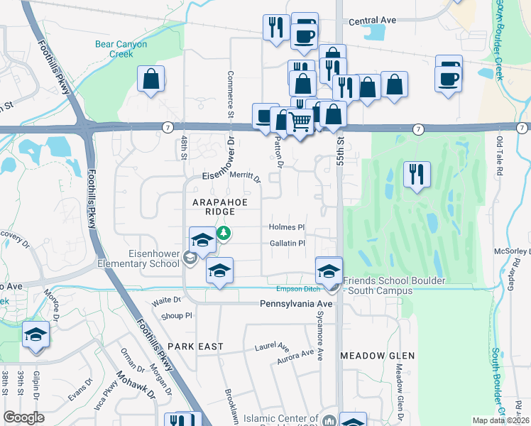 map of restaurants, bars, coffee shops, grocery stores, and more near 5215 Holmes Place in Boulder