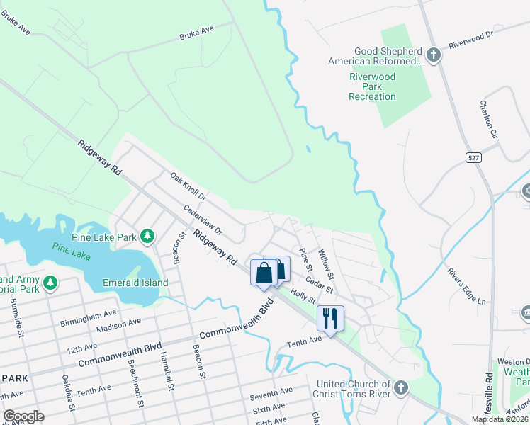 map of restaurants, bars, coffee shops, grocery stores, and more near 2104 Oak Knoll Drive in Toms River