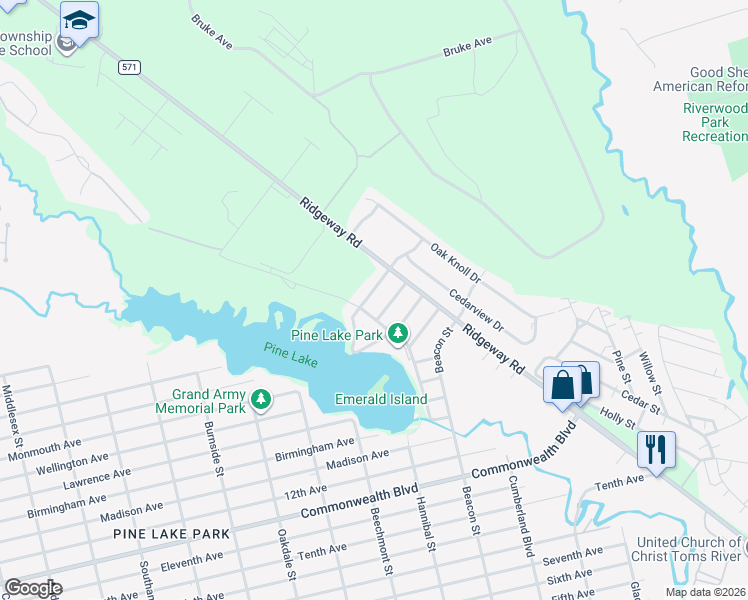 map of restaurants, bars, coffee shops, grocery stores, and more near 1744 Fairfield Street in Toms River