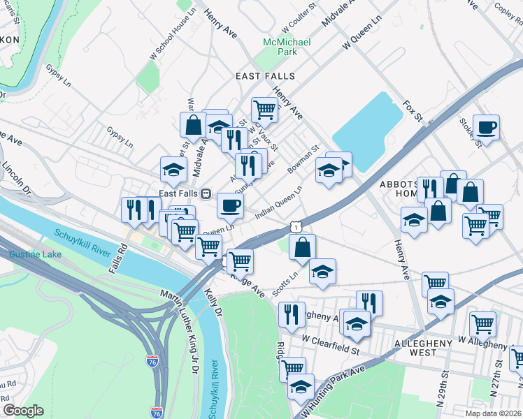 map of restaurants, bars, coffee shops, grocery stores, and more near 3512 Bowman Street in Philadelphia