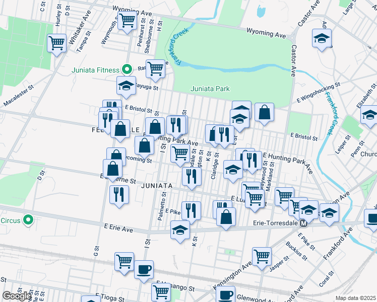 map of restaurants, bars, coffee shops, grocery stores, and more near 4137 J Street in Philadelphia