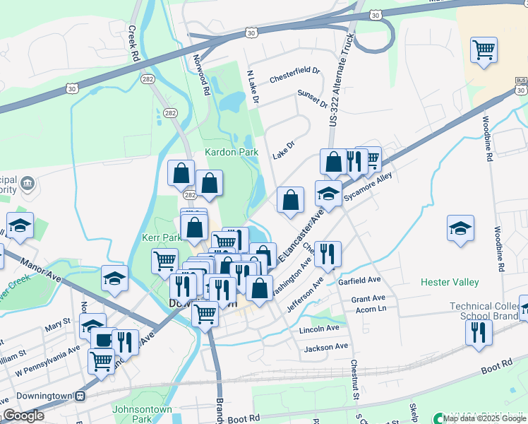 map of restaurants, bars, coffee shops, grocery stores, and more near 335 East Lancaster Avenue in Downingtown