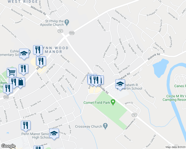 map of restaurants, bars, coffee shops, grocery stores, and more near 212 Millersville Road in Lancaster