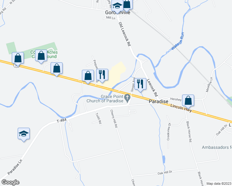 map of restaurants, bars, coffee shops, grocery stores, and more near 3070 Lincoln Highway East in Paradise
