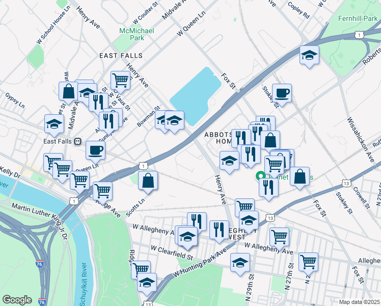 map of restaurants, bars, coffee shops, grocery stores, and more near 3232 Henry Avenue in Philadelphia