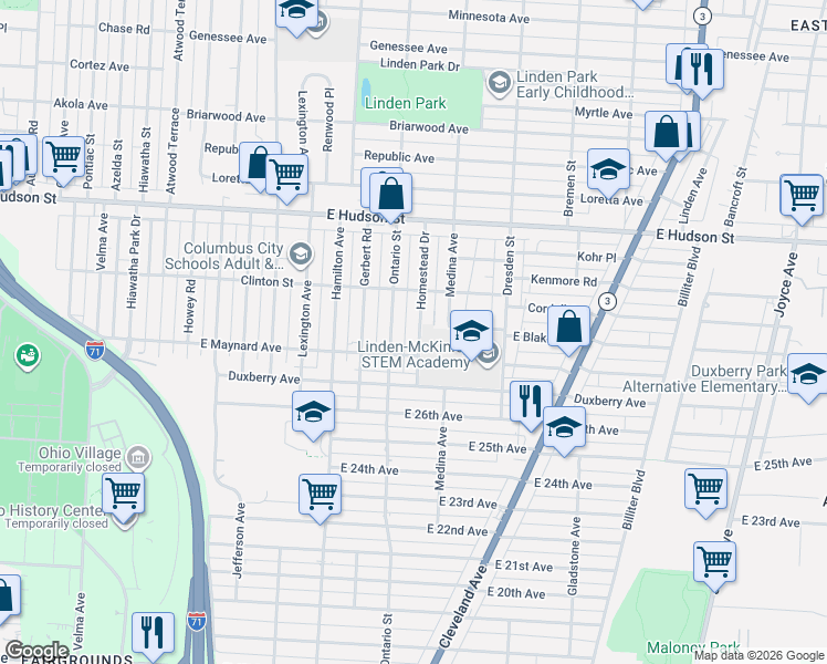 map of restaurants, bars, coffee shops, grocery stores, and more near 2200 Homestead Drive in Columbus