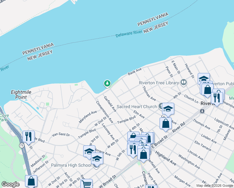 map of restaurants, bars, coffee shops, grocery stores, and more near 1 Morgan Avenue in Palmyra