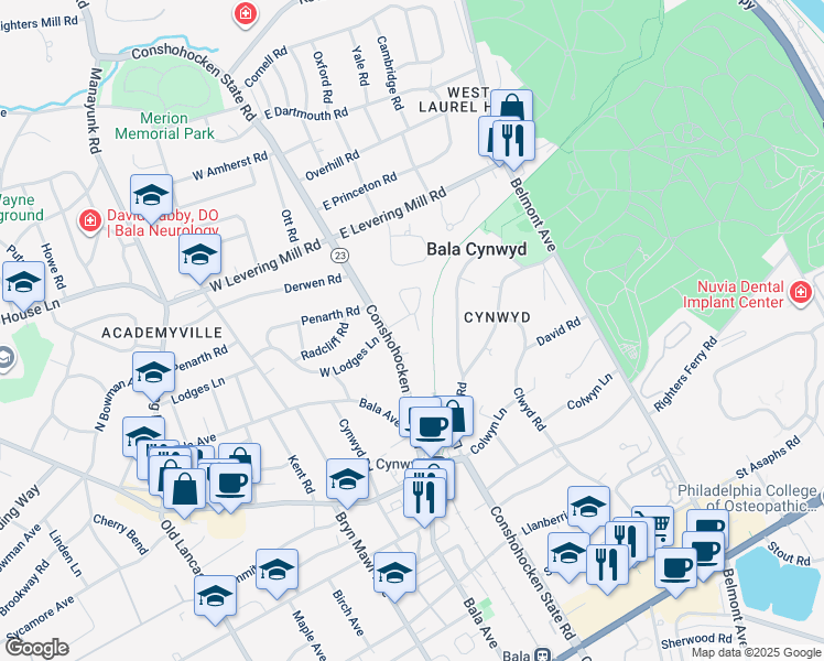 map of restaurants, bars, coffee shops, grocery stores, and more near 29 Snowden Road in Bala Cynwyd