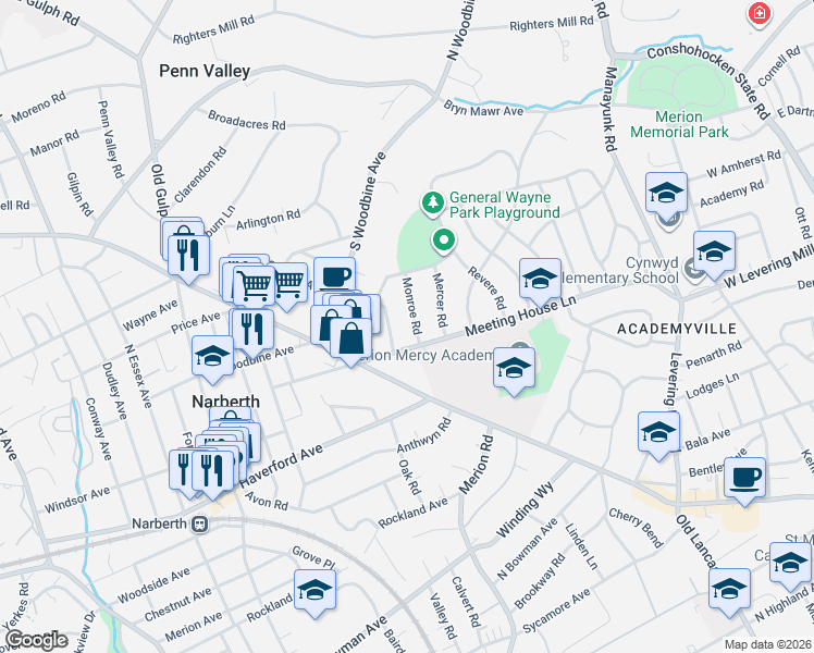 map of restaurants, bars, coffee shops, grocery stores, and more near 512 Monroe Road in Merion Station