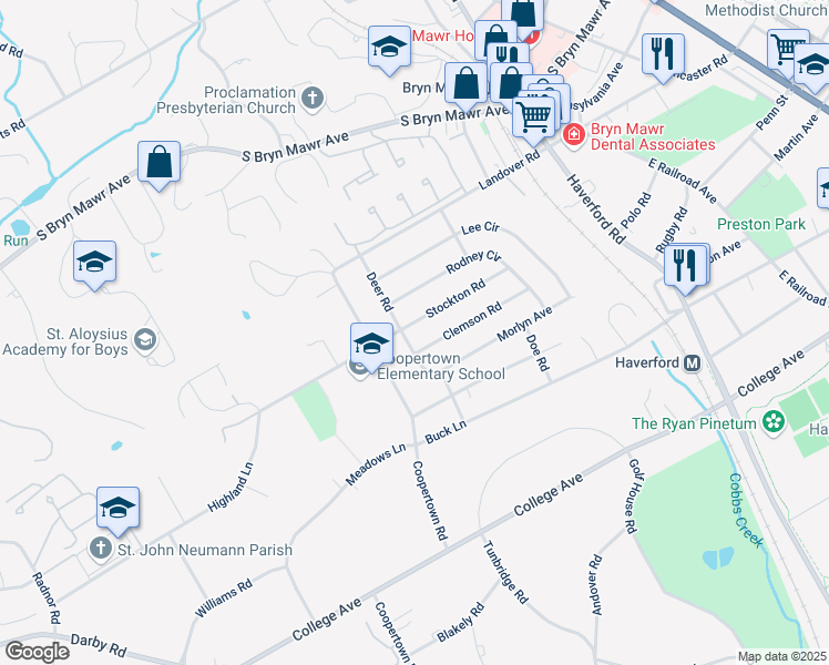 map of restaurants, bars, coffee shops, grocery stores, and more near 109 Stockton Road in Bryn Mawr
