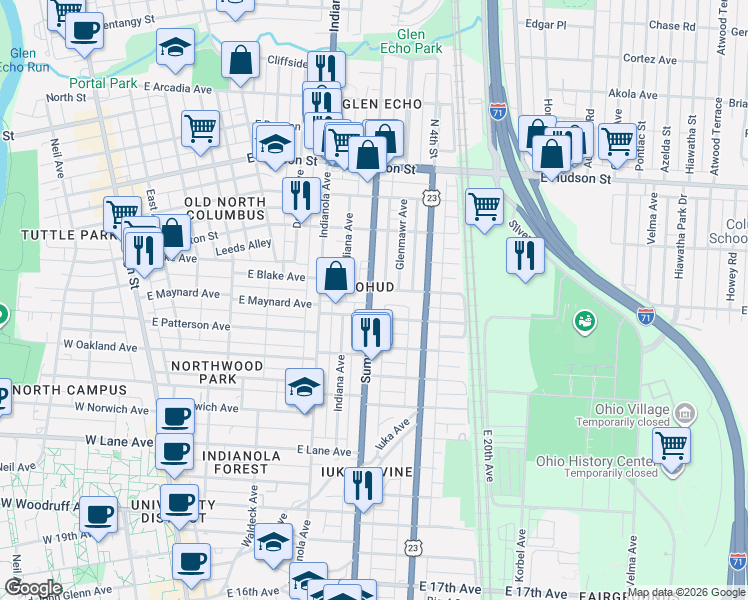 map of restaurants, bars, coffee shops, grocery stores, and more near 395 East Maynard Avenue in Columbus