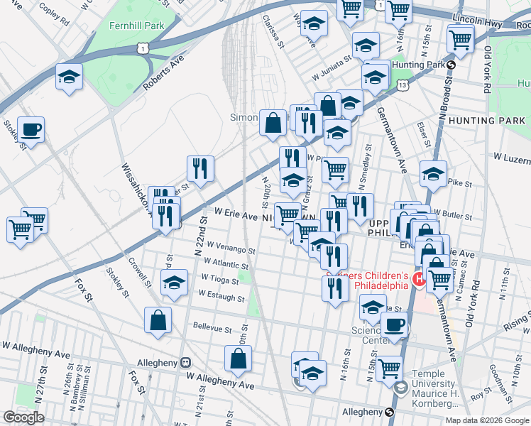map of restaurants, bars, coffee shops, grocery stores, and more near 1947 West Erie Avenue in Philadelphia