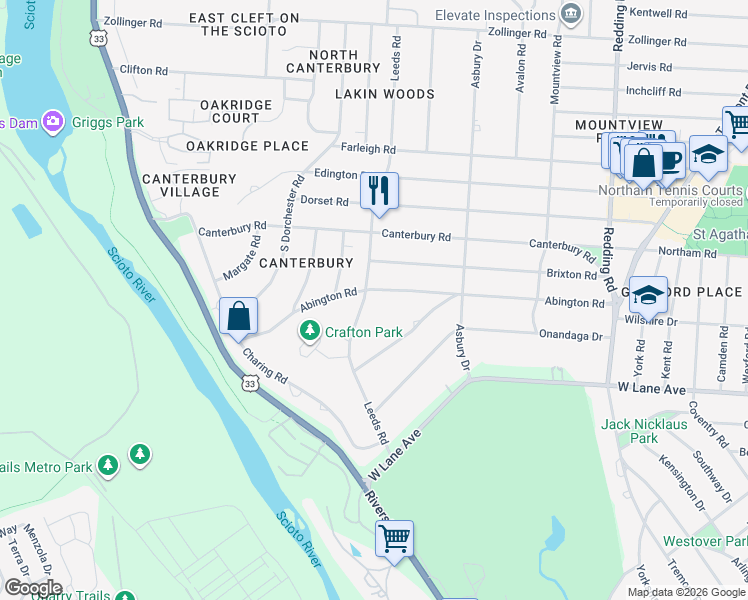 map of restaurants, bars, coffee shops, grocery stores, and more near 2760 Leeds Road in Columbus