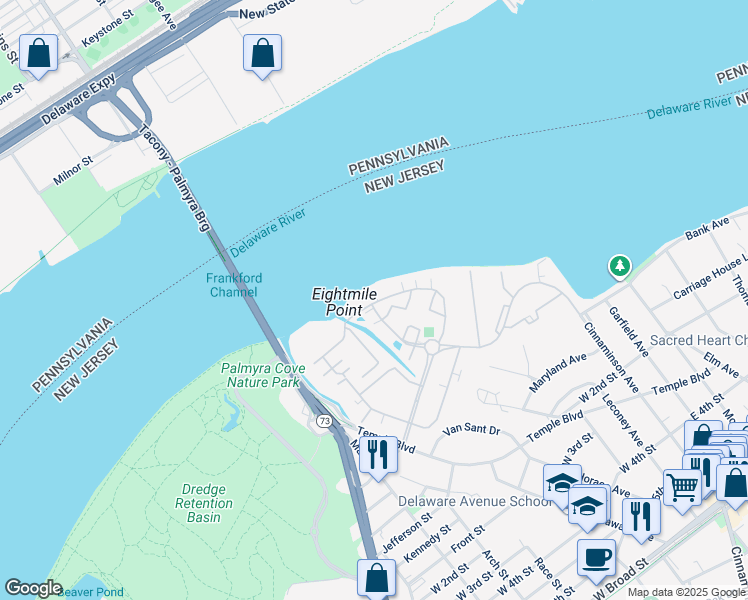 map of restaurants, bars, coffee shops, grocery stores, and more near 5807 Riverfront Drive in Palmyra