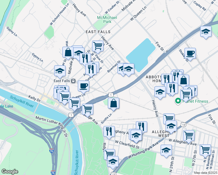 map of restaurants, bars, coffee shops, grocery stores, and more near 3431 Crawford Street in Philadelphia