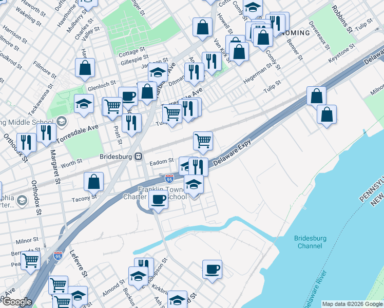 map of restaurants, bars, coffee shops, grocery stores, and more near Simon Street in Philadelphia