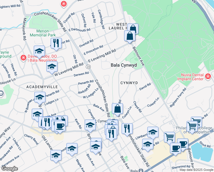 map of restaurants, bars, coffee shops, grocery stores, and more near 29 Snowden Road in Bala Cynwyd