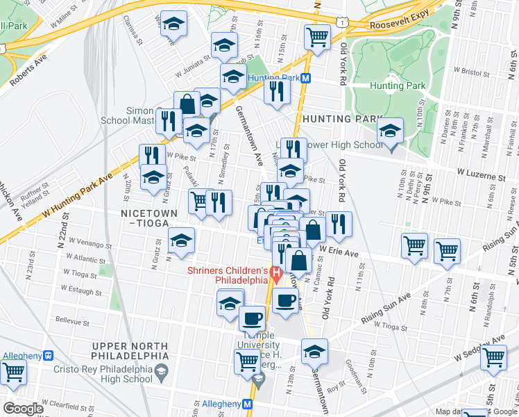 map of restaurants, bars, coffee shops, grocery stores, and more near 3751 North 15th Street in Philadelphia