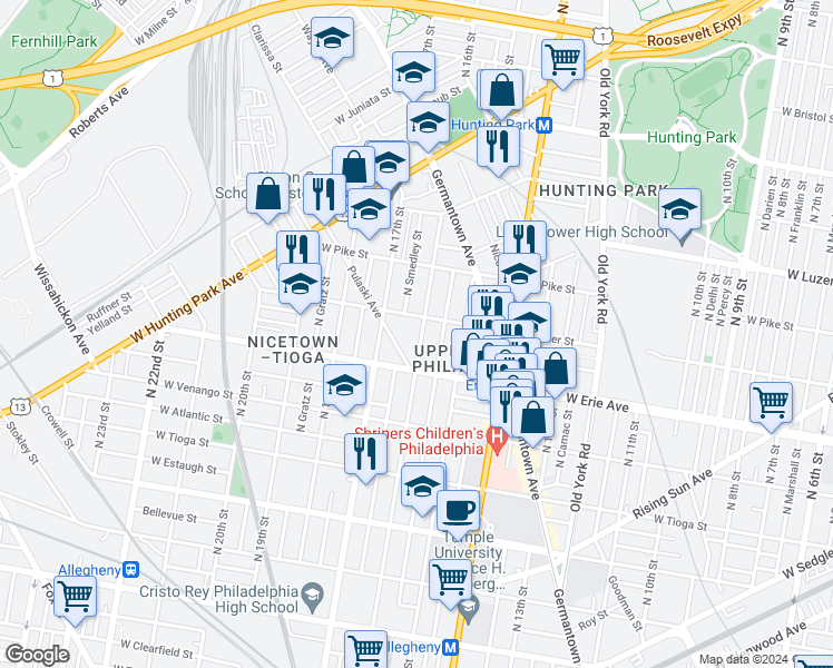 map of restaurants, bars, coffee shops, grocery stores, and more near 3732 North 16th Street in Philadelphia
