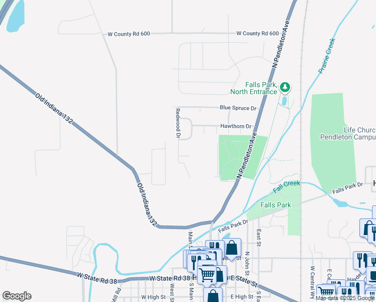 map of restaurants, bars, coffee shops, grocery stores, and more near 320 Tamarack Court in Pendleton