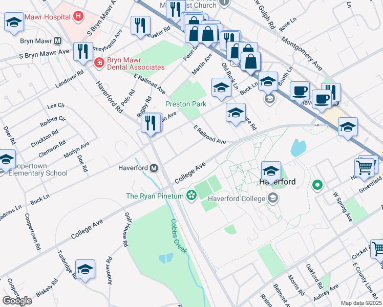 map of restaurants, bars, coffee shops, grocery stores, and more near 749 Millbrook Lane in Haverford