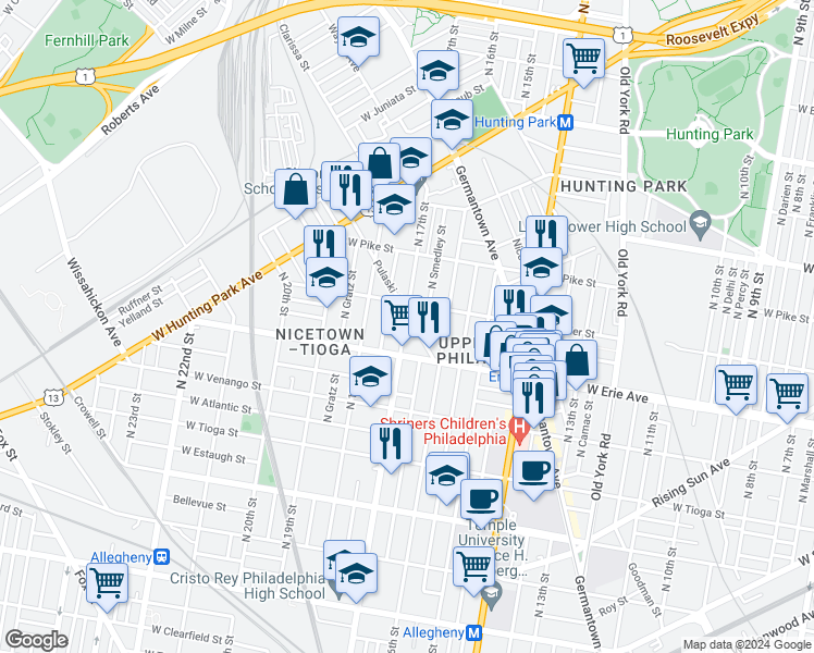 map of restaurants, bars, coffee shops, grocery stores, and more near 3725 North 17th Street in Philadelphia