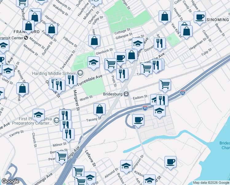 map of restaurants, bars, coffee shops, grocery stores, and more near 2175 Haworth Street in Philadelphia